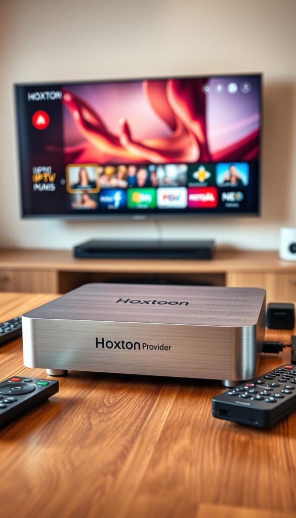 A sleek, modern IPTV box sits atop a minimalist wooden table, its brushed aluminum exterior gleaming under warm, diffused lighting. The device, labeled "Hoxtoon Provider", is surrounded by remote controls, ethernet cables, and other accessories, neatly arranged to convey a sense of technical sophistication. In the background, a large, high-resolution display showcases a vibrant, crystal-clear IPTV interface, hinting at the rich visual experience this setup can deliver. The overall scene exudes a sense of technological prowess and the promise of an optimal IPTV experience in the German market.
