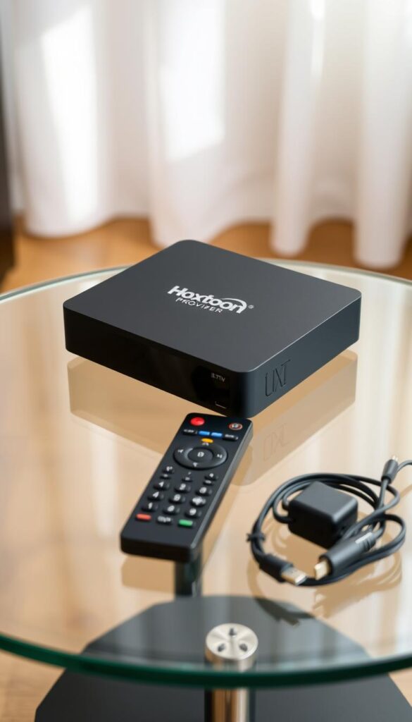 A sleek, modern IPTV box sits prominently on a glass-topped table, its matte black exterior gleaming under soft, indirect lighting. The Hoxtoon Provider logo is discreetly emblazoned on the front panel, hinting at the premium-quality, lifetime subscription service it offers. Surrounding the box are neatly arranged accessories - remote control, HDMI cable, and power adapter - all complementing the minimalist, high-tech aesthetic. The scene is captured from a slightly elevated angle, conveying a sense of quality and attention to detail. The background is blurred, keeping the focus on the IPTV box and its associated offerings.
