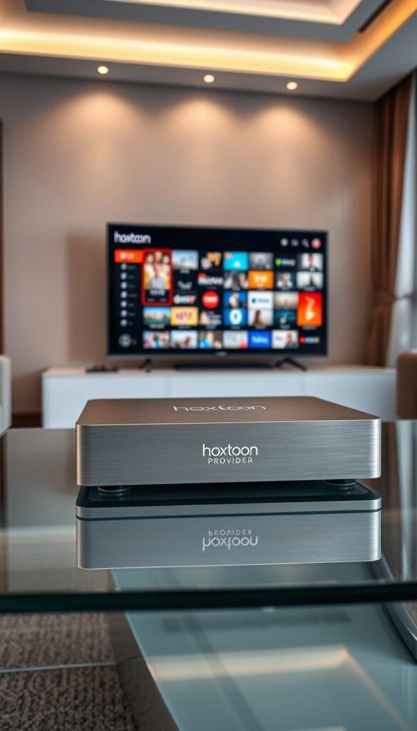 A sleek, modern IPTV box sits prominently on a minimalist glass table, its clean lines and brushed metal finish reflecting the stylish, high-tech atmosphere of the room. The box's display showcases the Hoxtoon Provider brand and a vibrant, colorful interface filled with a vast array of live TV channels, representing the extensive content library available to the user. Soft, directional lighting from above illuminates the scene, casting subtle shadows and highlights that accentuate the device's premium design. The background features a blurred, elegant living room setting, creating a sense of sophistication and comfort. The overall impression is one of a powerful, versatile IPTV solution that seamlessly integrates into a modern, discerning home environment.