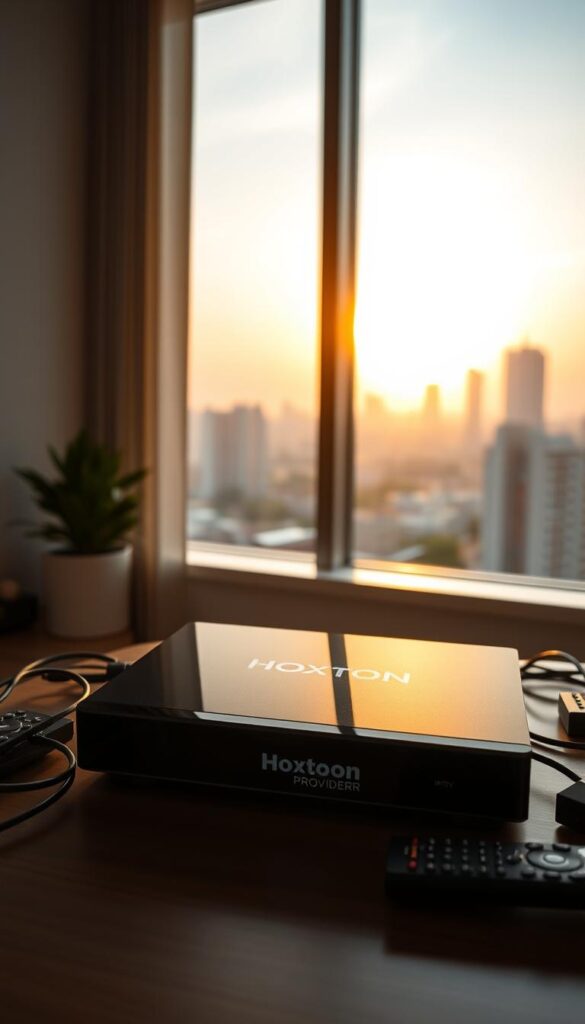 A sleek, modern IPTV box sits prominently on a minimalist wooden desk, surrounded by a tidy array of cables and remote controls. Warm, directional lighting casts a soft glow, highlighting the box's clean lines and glossy black finish. In the background, a large window offers a tranquil view of a cityscape, the sun just beginning to set, casting a golden hue across the scene. The Hoxtoon Provider logo is subtly displayed on the front of the device, hinting at the lifetime subscription service it represents. An atmosphere of considered deliberation and careful decision-making pervades the image, inviting the viewer to contemplate the potential advantages and drawbacks of committing to a lifetime IPTV plan.
