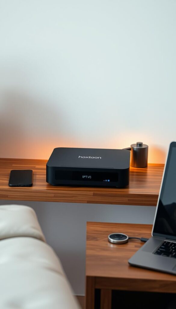 A sleek, modern IPTV box sits prominently on a minimalist wooden shelf, casting a warm glow in the stylishly lit room. The Hoxtoon Provider device is the centerpiece, its clean lines and premium materials hinting at the powerful streaming capabilities within. Surrounding it, various smart home devices - a tablet, a smartphone, and a laptop - are seamlessly connected, showcasing the box's multi-device support. The room's neutral color palette and subtle lighting create a cozy, inviting atmosphere, perfect for enjoying content across the entire household.