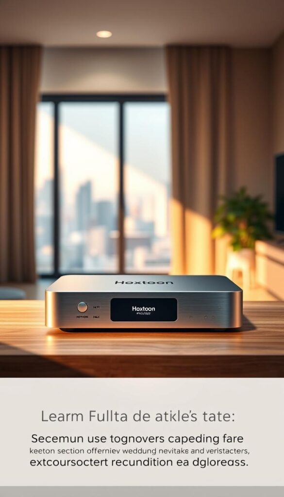 A sleek, modern IPTV box sits prominently on a minimalist wooden table, bathed in warm, directional lighting. The brushed aluminum exterior reflects the room's ambient glow, while the front panel displays the "Hoxtoon Provider" logo. The box's clean lines and understated design convey a sense of premium quality and reliable performance. In the background, a blurred cityscape visible through a large window suggests the box's ability to deliver a wide range of streaming content from around the world. The overall scene exudes a mood of sophisticated technology and effortless connectivity, perfectly capturing the real-user experiences described in the accompanying article section.