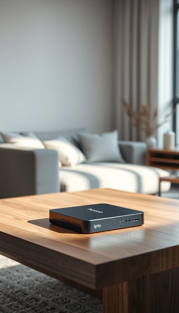 A sleek, modern IPTV box sits prominently on a minimalist wooden table, its matte black exterior gleaming under soft, directional lighting. The box's clean lines and subtle Hoxtoon Provider branding hint at its advanced features - seamless multi-device compatibility, lightning-fast streaming, and a user-friendly interface. In the background, a minimalist living room setting with neutral tones and natural textures creates a serene, elegant atmosphere, perfectly complementing the box's refined design. The overall scene conveys a sense of effortless technology integration, allowing the user to enjoy content on their own terms across a variety of devices.