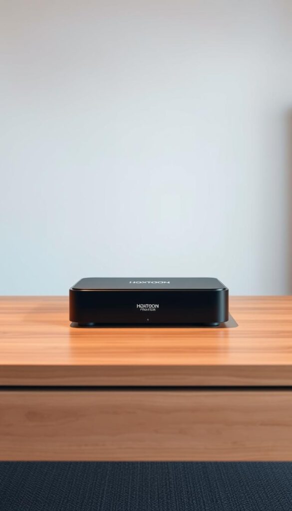 A sleek, modern IPTV box sits prominently on a minimalist wooden table, its matte black exterior gleaming under soft, diffused lighting. The Hoxtoon Provider logo is subtly emblazoned on the front panel, conveying a sense of premium quality. The box is surrounded by a clean, uncluttered environment, with a neutral-toned wall serving as the backdrop. The scene evokes a sense of simplicity and professionalism, inviting the viewer to consider the legal aspects of owning a lifetime IPTV subscription.