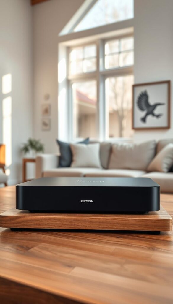 A sleek, modern IPTV box sits prominently on a minimalist wooden table, surrounded by a stylish living room setting. Soft, natural lighting filters through large windows, casting a warm glow on the device's matte black finish. The Hoxtoon Provider logo is subtly displayed on the front panel, exuding a sense of quality and reliability. In the background, a cozy, neutral-toned sofa and artwork on the walls create a comfortable, inviting atmosphere. The overall scene conveys a sense of effortless sophistication, hinting at the exceptional user experience the IPTV box can provide.