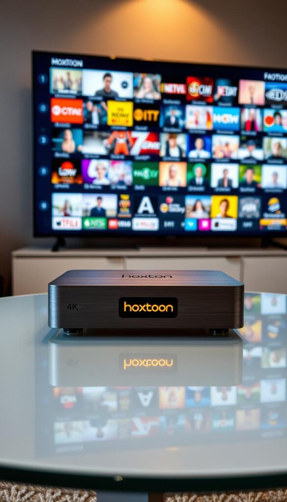 A sleek, modern IPTV box with a brushed aluminum body and a glowing Hoxtoon Provider logo sits atop a minimalist glass-topped table. The box is backlit, casting a warm glow across the scene. In the background, a large 4K TV displays a vibrant, diverse array of TV channels, hinting at the expansive Hoxtoon content library of over 21,000 channels. The lighting is soft and diffused, creating a premium, high-end atmosphere. The camera angle is slightly elevated, giving a sense of the box's sophisticated design and the immersive viewing experience it provides.