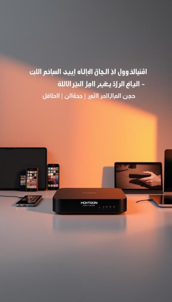 A sleek, modern IPTV box with the Hoxtoon Provider brand prominently displayed. The device is positioned in the foreground, surrounded by various smart devices like smartphones, tablets, and laptops, all connected to the IPTV box through seamless multi-device support. The background features a minimalist, monochrome setting with clean lines and subtle shadows, emphasizing the advanced technology and versatility of the IPTV solution. Warm, diffused lighting from the side creates a sophisticated, premium atmosphere. The overall composition showcases the box's ability to simultaneously stream content to multiple devices, catering to the needs of the modern, tech-savvy Arabic IPTV user.