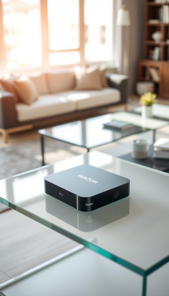 A sleek, modern IPTV box with the Hoxtoon Provider branding sits prominently on a minimalist, glass-topped table. The device features a clean, black rectangular design with silver accents, conveying a sense of premium quality. Crisp, natural lighting from large windows bathes the scene, creating soft shadows and highlights that accentuate the box's attractive form. In the background, a blurred, contemporary living room setting suggests a cozy, high-tech home environment perfect for enjoying movies and TV shows. The overall impression is one of elegant simplicity and high-performance streaming capabilities.