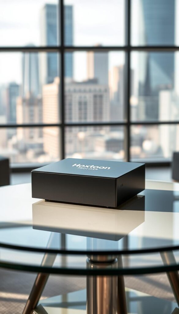 A sleek, modern IPTV box with the Hoxtoon Provider logo prominently displayed on the front panel. The device sits atop a minimalist, glass-topped table, surrounded by a clean, well-lit environment. Soft, directional lighting from above casts subtle shadows, highlighting the box's smooth, matte black finish and angular design. In the background, a blurred cityscape is visible through large windows, conveying a sense of urban sophistication. The IPTV box is the focal point, positioned to showcase its premium, lifetime subscription capabilities, making it the centerpiece of this high-end, contemporary setting.