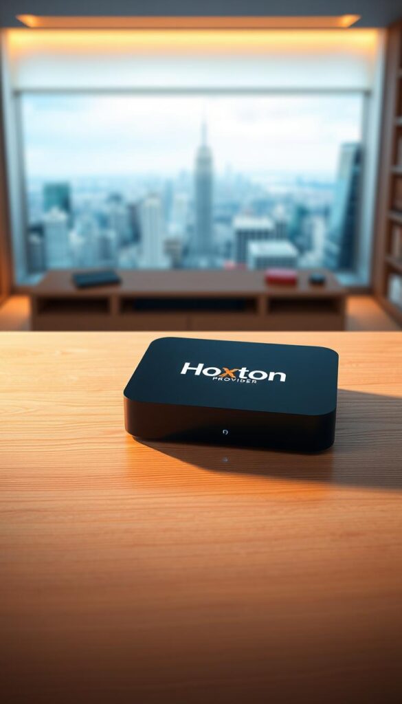 A sleek, modern IPTV box with the Hoxtoon Provider logo prominently displayed on the front panel. The box rests on a minimalist, wood-grain surface, illuminated by soft, warm lighting that creates a cozy, inviting atmosphere. The background features a blurred cityscape, hinting at the box's ability to provide access to a vast array of channels from around the world. The overall composition conveys a sense of premium quality, reliable service, and the promise of endless entertainment at one's fingertips.