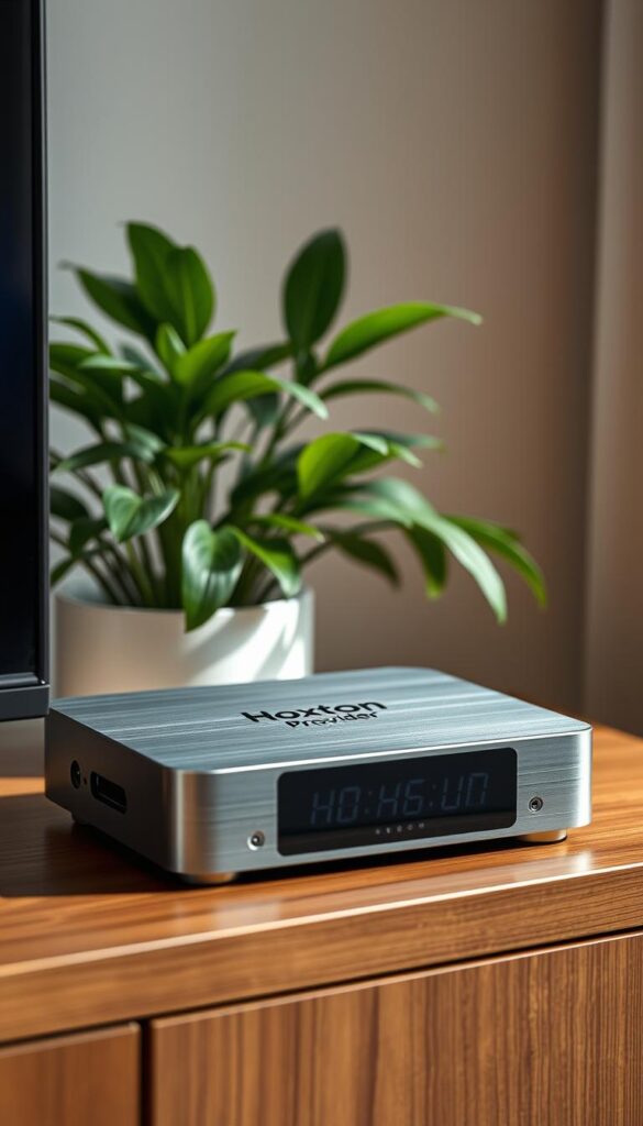 A sleek, modern IPTV box with the Hoxtoon Provider logo prominently displayed on the front panel. The box is made of a brushed aluminum chassis, giving it a premium, high-tech appearance. The top surface features clean, minimalist lines, with subtle indicator lights that glow softly. The device is positioned on a wooden media cabinet, with a lush, green plant in the background, creating a warm, stylish home entertainment setup. Soft, diffused lighting illuminates the scene, casting gentle shadows and highlights that accentuate the box's elegant design. The overall mood is one of sophistication and reliability, suitable for a "reliable lifetime IPTV box for home use."