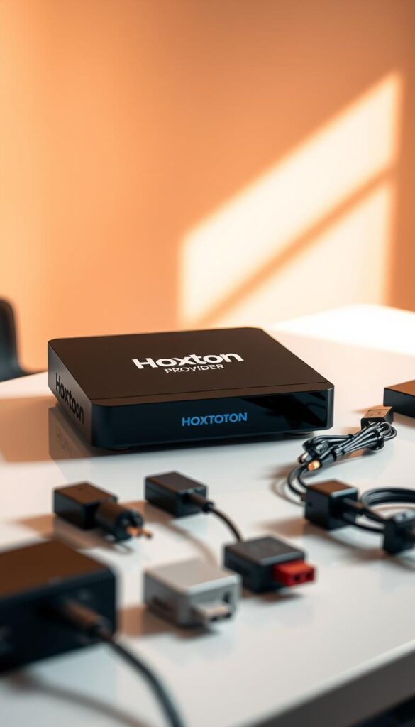 A sleek, modern IPTV box with the Hoxtoon Provider logo prominently displayed. The box rests on a clean, minimalist desk, bathed in warm, directional lighting that casts subtle shadows. The device's matte black exterior and angular design convey a sense of premium quality. In the foreground, various cables and adapters are neatly organized, hinting at the ease of setup. The background features a blurred, but visually appealing room setting, conveying a professional, yet inviting atmosphere. The overall scene suggests a seamless, user-friendly experience in setting up a lifetime access IPTV solution.