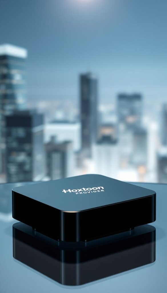 A sleek, modern IPTV box with the Hoxtoon Provider logo prominently displayed. The device is situated on a minimalist glass or metal surface, casting subtle reflections. The box has a clean, sophisticated design with smooth edges and a glossy finish. Elegant lighting from above illuminates the scene, creating depth and highlighting the product's premium aesthetic. In the background, a blurred cityscape or abstract pattern provides a sophisticated, high-tech ambiance, complementing the advanced features of the Hoxtoon IPTV service.
