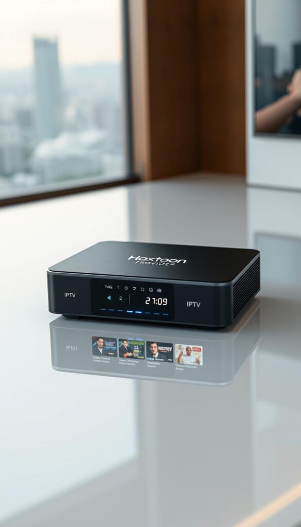A sleek, modern IPTV box with the Hoxtoon Provider logo prominently displayed. The device rests on a glossy, reflective surface, surrounded by a minimalist, well-lit environment. The box's design features clean lines, a premium matte finish, and subtle LED accents, conveying a sense of high-quality craftsmanship. In the foreground, the box's user interface showcases a vast content library with 21,000+ live TV channels and 150,000+ on-demand videos, reflecting the impressive breadth of entertainment options available. The background features a softly blurred cityscape, hinting at the global reach and accessibility of the Hoxtoon Provider service. The overall scene exudes a sleek, modern, and technologically advanced aesthetic, perfectly capturing the essence of a lifetime of free, high-quality streaming experiences.