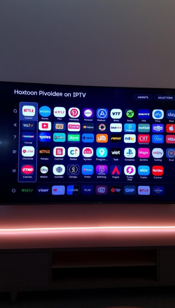 A sleek, modern IPTV channel selection screen showcasing the diverse offerings of the Hoxtoon Provider. The interface features a grid of colorful channel logos against a sophisticated dark backdrop, with a clean, minimalist design and intuitive navigation. Soft ambient lighting creates a warm, inviting atmosphere, drawing the viewer's attention to the extensive channel selection. The screen exudes a sense of premium quality and unparalleled entertainment options, reflecting the Hoxtoon Provider's commitment to delivering an unmatched viewing experience.