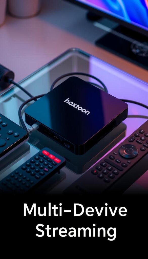 A sleek, modern IPTV device resting on a minimalist glass or metal surface, surrounded by various remote controls and cables. The device has the Hoxtoon Provider branding prominently displayed. The lighting is soft and diffused, creating a warm, inviting atmosphere. The scene conveys a sense of convenience and seamless multi-device streaming capabilities, reflecting the "Multi-Device Streaming" section of the article.