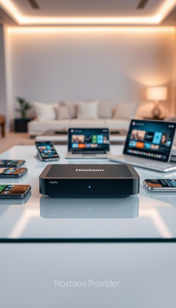 A sleek, modern IPTV device resting on a minimalist glass table, surrounded by multiple smartphones, tablets, and laptops, all connected and displaying the Hoxtoon Provider interface. The device features a clean, uncluttered design with subtle branding. Soft, diffused lighting from above illuminates the scene, creating a sense of sophistication and effortless connectivity. The background is a blurred, elegant interior, hinting at a high-end living space. The overall impression conveys the seamless, multi-device support and lifetime access promised by the Hoxtoon Provider IPTV solution.