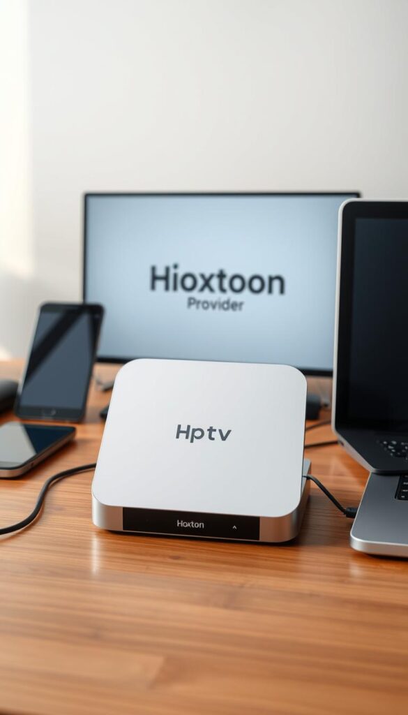 A sleek, modern IPTV device resting on a minimalist, wooden desk. The device is surrounded by a variety of other compatible electronics, including a smartphone, tablet, and laptop, all connected and working seamlessly together. The scene is bathed in warm, natural lighting, creating a sense of harmony and efficiency. In the background, a minimalist wallpaper displays the "Hoxtoon Provider" brand, emphasizing the versatility and compatibility of the IPTV solution. The overall composition conveys the effortless integration of the IPTV system across multiple devices, catering to the user's diverse streaming needs.