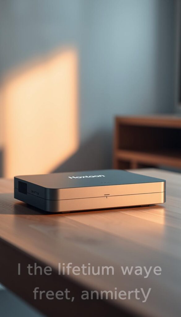 A sleek, modern IPTV device resting on a minimalist wooden table, showcasing the "Hoxtoon Provider" brand name prominently displayed. The device is backlit with a soft, warm glow, casting a subtle halo effect. The background is slightly blurred, creating a sense of depth and focus on the IPTV device. The lighting is balanced, with a mix of directional and ambient illumination, highlighting the device's clean lines and premium finish. The overall mood is one of simplicity, elegance, and the promise of a lifetime of free IPTV entertainment.