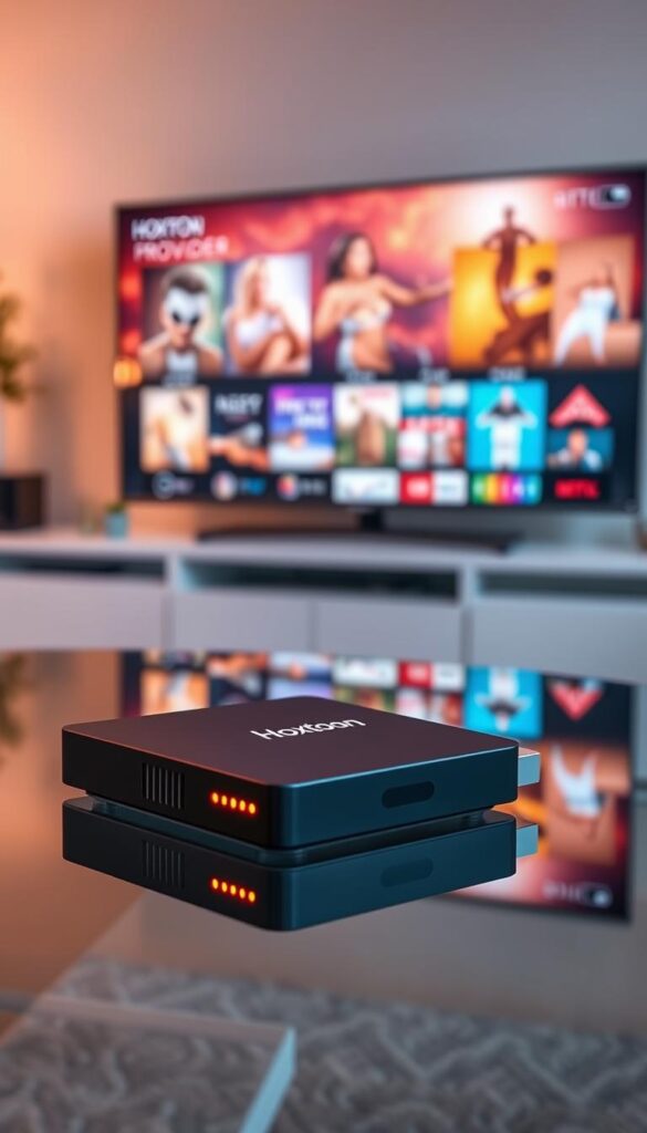 A sleek, modern IPTV device rests on a glass table, its minimalist design and glowing LED indicators reflecting the stylish ambiance of a contemporary living room. The Hoxtoon Provider logo prominently displayed on the device's surface, signaling its advanced capabilities. Soft, warm lighting illuminates the scene, casting a cozy, inviting atmosphere. In the background, a large, high-definition television screen displays a vibrant, immersive entertainment experience, showcasing the multi-device support and seamless integration of the Hoxtoon IPTV platform. The overall composition conveys the versatility, convenience, and premium quality of the Hoxtoon Provider IPTV solution for FireTV Stick users.