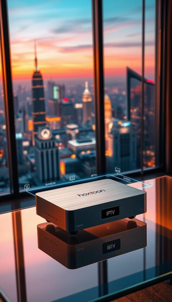 A sleek, modern IPTV device sitting on a glass table, bathed in warm, soft lighting. The device has a minimalist, brushed aluminum design with clean lines and a prominent Hoxtoon Provider logo. The device is surrounded by a futuristic, holographic interface displaying a grid of IPTV channels and services. In the background, a large window overlooking a vibrant, bustling city skyline at dusk, with a pastel-colored sky and twinkling lights. The entire scene conveys a sense of advanced technology, cutting-edge media capabilities, and the Hoxtoon Provider's market-leading position in the IPTV industry.