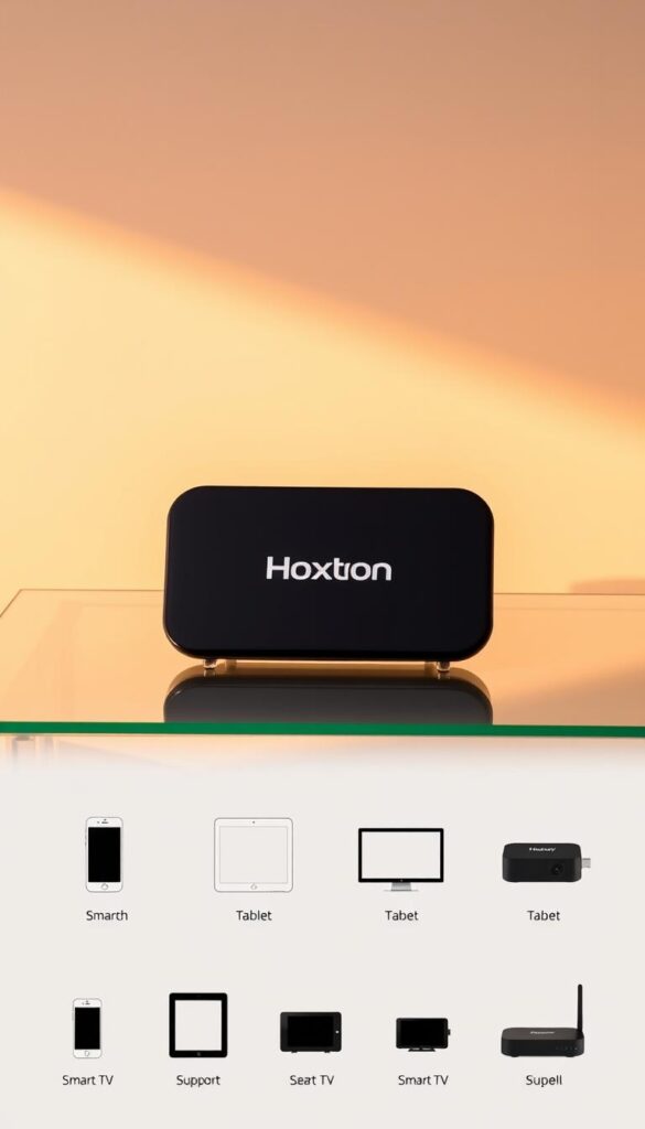 A sleek, modern IPTV device with the Hoxtoon Provider logo prominently displayed. The device sits on a minimalist glass or metal surface, bathed in warm, directional lighting that casts subtle shadows. In the foreground, various compatible device icons (smartphone, tablet, smart TV, streaming box) are arranged neatly, conveying the multi-device support. The background features a clean, gradient-based environment, hinting at the seamless, reliable connectivity of the Hoxtoon IPTV service. The overall scene exudes a sense of technological sophistication and user-friendly versatility.