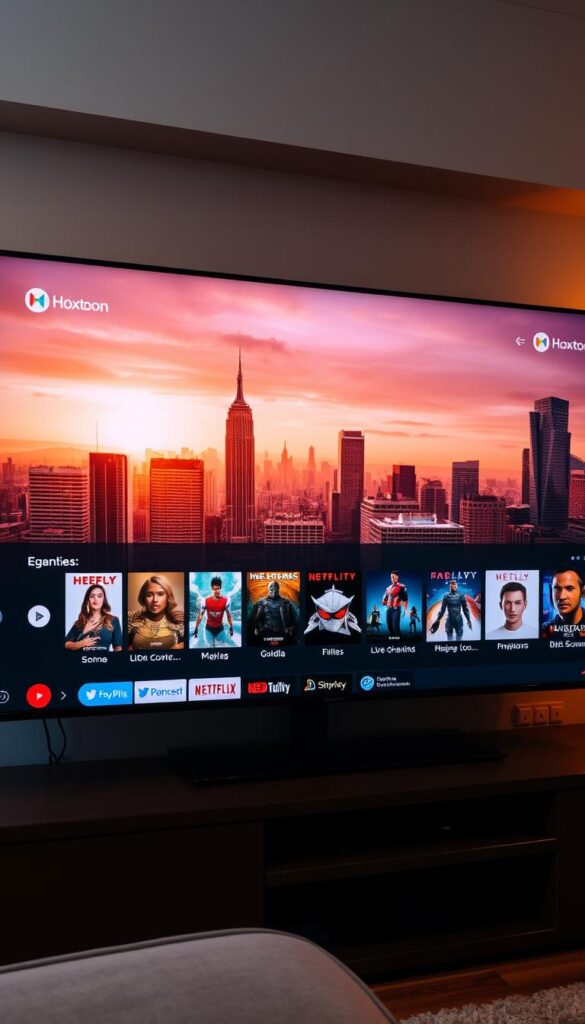 A sleek, modern IPTV interface displayed on a large flat-screen TV, showcasing Hoxtoon Provider's vast content library. In the foreground, a user-friendly menu system with neatly organized categories and genre icons. In the middle ground, a curated selection of movie posters, TV show thumbnails, and live channel logos, all vibrant and eye-catching. The background features a softly blurred cityscape, conveying a sense of urban sophistication. The lighting is warm and inviting, creating a cozy and immersive atmosphere. The camera angle is slightly elevated, giving the viewer a sense of control and mastery over the IPTV experience.