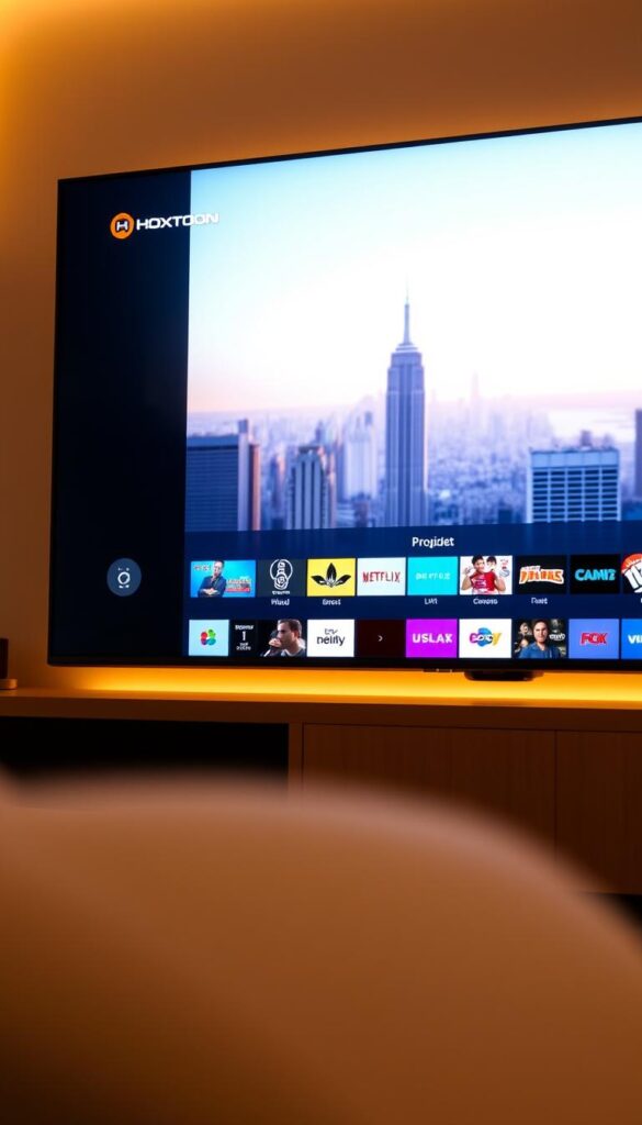A sleek, modern IPTV interface displayed on a large, high-definition flat-screen TV. The interface showcases a clean, minimalist design with sharp edges and bold typography. In the foreground, the Hoxtoon Provider brand name is prominently featured, hinting at the revolutionary IPTV services offered. The middle ground features a grid of colorful app icons representing various on-demand content and live TV channels. The background depicts a softly blurred cityscape, conveying a sense of urban sophistication. The lighting is warm and inviting, creating a cozy and immersive atmosphere. The camera angle is slightly elevated, giving the viewer a sense of control and empowerment over the entertainment landscape.