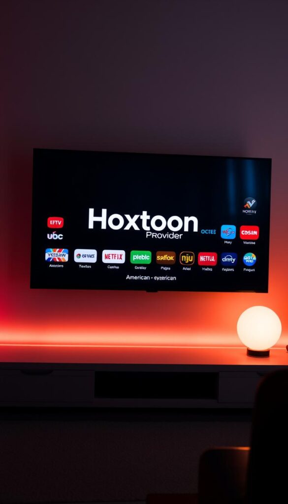 A sleek, modern IPTV interface showcasing a diverse array of live TV channels catering to American viewers. The screen displays the Hoxtoon Provider brand prominently, surrounded by a clean, minimalist design. The channel logos are crisp and vibrant, conveying the breadth of entertainment options available. Subtle lighting casts a warm, inviting glow, creating a premium, high-quality feel. The overall composition emphasizes the user-friendly experience and the comprehensive nature of the IPTV service, making it an appealing choice for discerning American viewers.