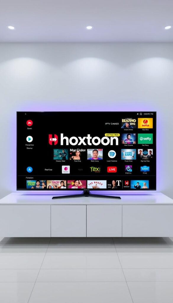 A sleek, modern IPTV interface showcasing the Hoxtoon Provider brand, displaying a grid of diverse Latino entertainment channels. The scene is well-lit, with a clean and minimalist aesthetic. The display prominently features the Hoxtoon logo, alongside vibrant channel icons and program thumbnails. The overall impression conveys the convenience and accessibility of Latino IPTV USA, catering to the diverse entertainment needs of the Latino community in the United States.