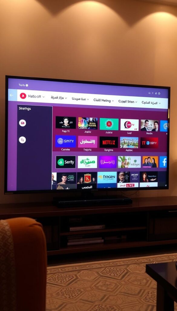 A sleek, modern IPTV interface showcasing the Hoxtoon Provider brand prominently. The screen displays a curated selection of popular Arabic TV channels, with a clean and intuitive navigation menu. In the background, subtle patterns and textures evoke the rich cultural heritage of the Middle East. Soft lighting creates a warm, inviting atmosphere, while the overall design conveys a sense of reliability, stability, and high-quality streaming experience. The composition balances technology and tradition, presenting Hoxtoon Provider as a trustworthy and dependable Arabic IPTV service.