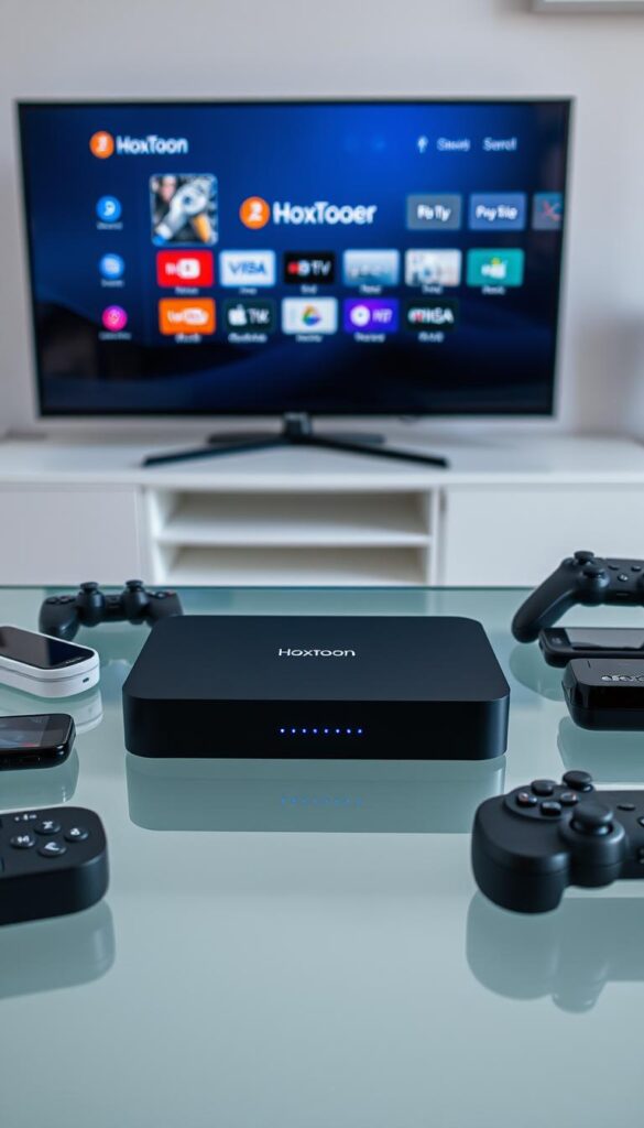 A sleek, modern IPTV player device sitting on a minimalist glass table, surrounded by various compatible electronic gadgets. The player has a clean, rectangular design in a matte black finish, with discreet LED indicators. In the background, a large flat-screen TV displays the Hoxtoon Provider interface, showcasing its seamless device compatibility. Soft, directional lighting creates depth and highlights the sophisticated, tech-savvy atmosphere. The composition emphasizes the versatility and integration of the IPTV player across a range of devices, from smartphones to tablets to gaming consoles.