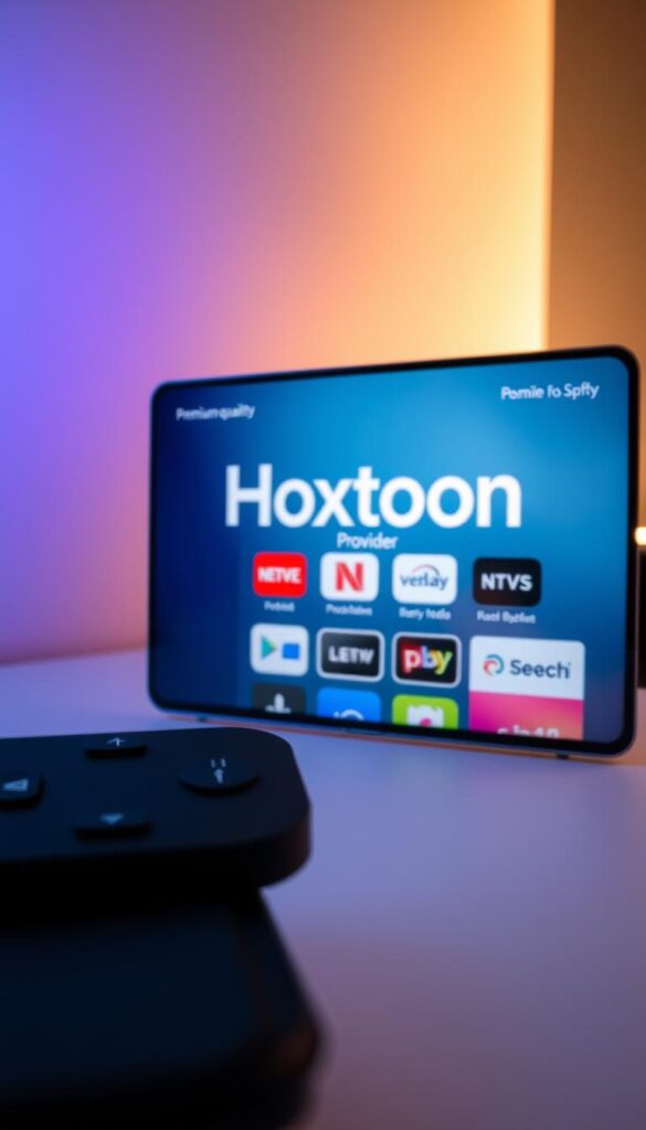 A sleek, modern IPTV player interface showcasing compatibility with iOS devices. The screen displays the Hoxtoon Provider logo, prominent and crisp, conveying a sense of premium quality. In the foreground, intuitive controls and a clean, minimalist design allow for seamless navigation. The middle ground features a grid of app icons representing various streaming services, emphasizing the player's versatility. The background depicts a soft, gradient-based color scheme, creating a visually appealing and calming atmosphere. Subtle lighting from the side casts a warm, inviting glow, highlighting the player's user-friendly features. The overall composition suggests a high-performance, reliable IPTV solution tailored for iOS users.