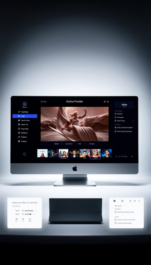 A sleek, modern IPTV player software interface for macOS, showcasing the Hoxtoon Provider service. In the center, a large display panel features high-quality video playback, with intuitive controls and a clean, minimalist design. Surrounding it, various menu options and settings panels allow the user to customize their viewing experience. The overall atmosphere is one of simplicity and ease of use, with a soft, diffused lighting highlighting the software's elegant aesthetic. The background features a subtle gradient, lending a sense of depth and sophistication to the scene.