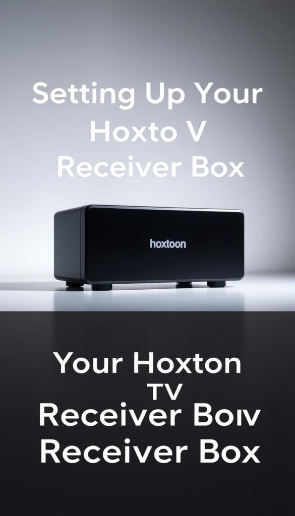 A sleek, modern IPTV receiver box prominently displayed on a clean, minimalist background. The Hoxtoon Provider box is showcased in a well-lit, studio-style setting, captured from a slight angle to highlight its stylish design and premium build quality. The device is surrounded by a subtle glow, creating a sense of elegance and high-end technology. In the foreground, the box is positioned on a reflective surface, adding depth and a sense of sophistication to the image. The overall atmosphere conveys a professional, aspirational tone, perfectly suited to illustrate the "Setting Up Your Hoxtoon IPTV Receiver Box" section of the article.