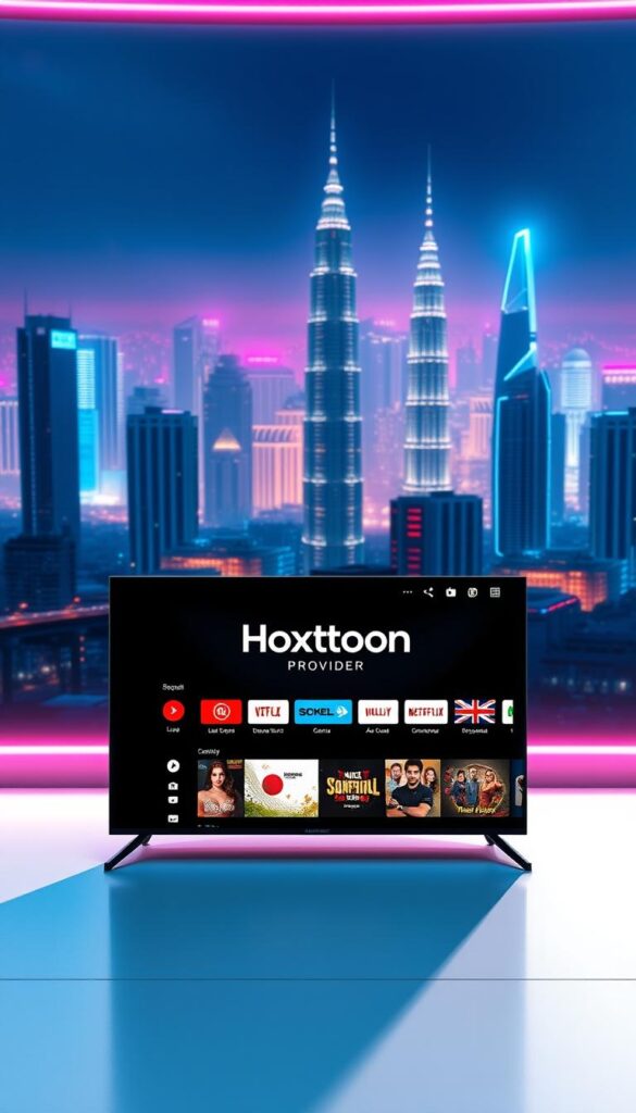 A sleek, modern IPTV service interface showcasing the Hoxtoon Provider brand, set against a futuristic, neon-lit cityscape. The foreground features a minimalist, user-friendly dashboard with intuitive controls and a clean, elegant design. The middle ground displays a selection of popular live TV channels and on-demand content, presented in a visually striking manner. In the background, a vibrant, high-tech skyline with towering skyscrapers and holographic displays creates a sense of technological advancement and innovation. The overall scene conveys a vision of the future of IPTV technology, catering to the discerning Malaysian viewer with a sophisticated, cutting-edge service.