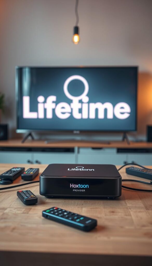 A sleek, modern IPTV set-top box prominently displaying the "Hoxtoon Provider" logo rests on a minimalist wooden table. The box is surrounded by various remote controls, streaming device cables, and a stylish lamp providing warm, ambient lighting. In the background, a large flat-screen television displays the Lifetime movie channel's logo, conveying the service's focus on delivering premium content. The overall scene exudes a sense of high-quality, reliable, and user-friendly IPTV experience tailored for US viewers seeking a lifetime of entertainment.
