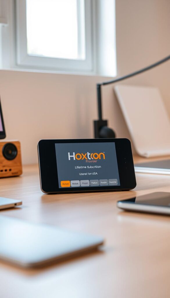 A sleek, modern IPTV streaming device resting on a minimalist, wooden desk, surrounded by a tidy workspace. The device's display showcases the Hoxtoon Provider branding, highlighting its lifetime subscription plan for users in the USA. Soft, natural lighting from a nearby window creates a warm, inviting atmosphere, while a clean, uncluttered background emphasizes the device's simplicity and the focus on the lifetime subscription service. The scene conveys a sense of reliability, convenience, and the value proposition of a hassle-free, long-term IPTV solution.