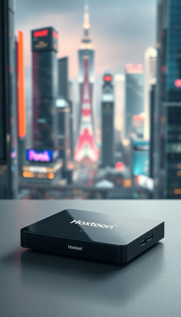 A sleek, modern IPTV streaming device sits prominently on a minimalist, gray desk. The device, branded as "Hoxtoon Provider", features a clean, rectangular design with sharp edges and a glossy, black finish. Soft, diffused lighting illuminates the scene, casting subtle shadows and highlights that accentuate the device's premium, high-tech appearance. In the background, a blurred cityscape of towering skyscrapers and vibrant, neon lights creates a futuristic, metropolitan atmosphere, hinting at the global connectivity and boundless entertainment possibilities offered by this lifetime subscription IPTV solution.