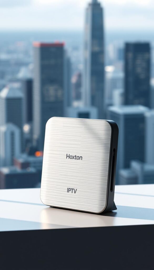 A sleek, modern IPTV streaming device stands prominently on a minimalist desk, its brushed aluminum body and discreet branding hinting at advanced technology within. Soft, directional lighting illuminates the device from the side, casting subtle shadows that accentuate its clean lines. In the background, a blurred cityscape suggests a global, cosmopolitan setting, reflecting the international appeal of the Hoxtoon Provider IPTV solution. The overall mood is one of sophistication, efficiency, and the future of home entertainment.