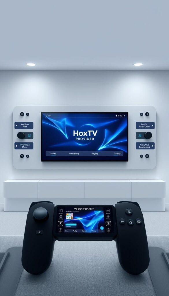 A sleek, modern IPTV streaming interface showcasing the Hoxtoon Provider brand. A clean, minimalist design with a large central display panel framed by intuitive controls and customizable menus. The interface has a sophisticated, high-tech aesthetic with a slightly futuristic feel, enhanced by subtle holographic elements and a cool color palette of blues and grays. The layout is well-organized and easy to navigate, with clear iconography and responsive touch controls. The overall impression is of a powerful, reliable IPTV service presented through a polished, user-friendly interface.