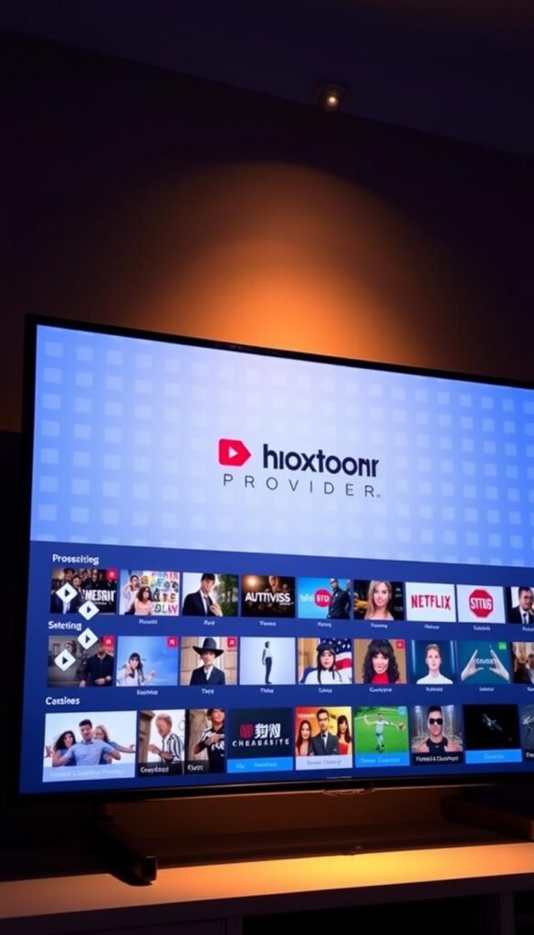 A sleek, modern IPTV streaming interface showcasing the Hoxtoon Provider brand. The screen displays a clean, minimalist design with sharp edges and bold typography. The background features a subtle grid pattern in cool shades of blue, conveying a sense of technological sophistication. In the foreground, an array of content thumbnails and category icons are neatly arranged, hinting at the breadth of programming available. The overall scene is illuminated by warm, directional lighting, creating depth and highlighting the service's intuitive user experience.
