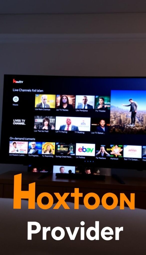 A sleek, modern IPTV streaming service interface displayed on a high-resolution screen. In the foreground, the "Hoxtoon Provider" brand name is prominently featured, with a clean, minimalist design and a bold color scheme. The middle ground showcases a selection of popular live TV channels and on-demand content, presented in a visually appealing grid layout. The background features a softly blurred cityscape, hinting at the global reach and versatility of the IPTV service. The overall scene conveys a sense of technological sophistication, user-friendliness, and seamless streaming experience.