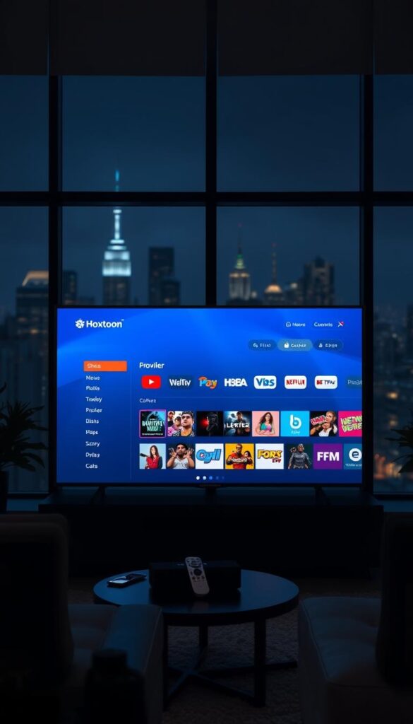 A sleek, modern IPTV streaming service interface displayed on a large, high-definition television screen. The interface features the Hoxtoon Provider brand prominently, showcasing a clean, minimalist design with intuitive navigation menus and a visually appealing grid of content thumbnails. The room is dimly lit, creating a cozy, cinematic atmosphere, with subtle ambient lighting from the TV screen casting a warm glow throughout the space. The television is positioned in the middle ground, surrounded by contemporary furniture and decor, suggesting a comfortable, living room setting. In the background, a blurred city skyline can be seen through large windows, adding depth and a sense of place to the scene.