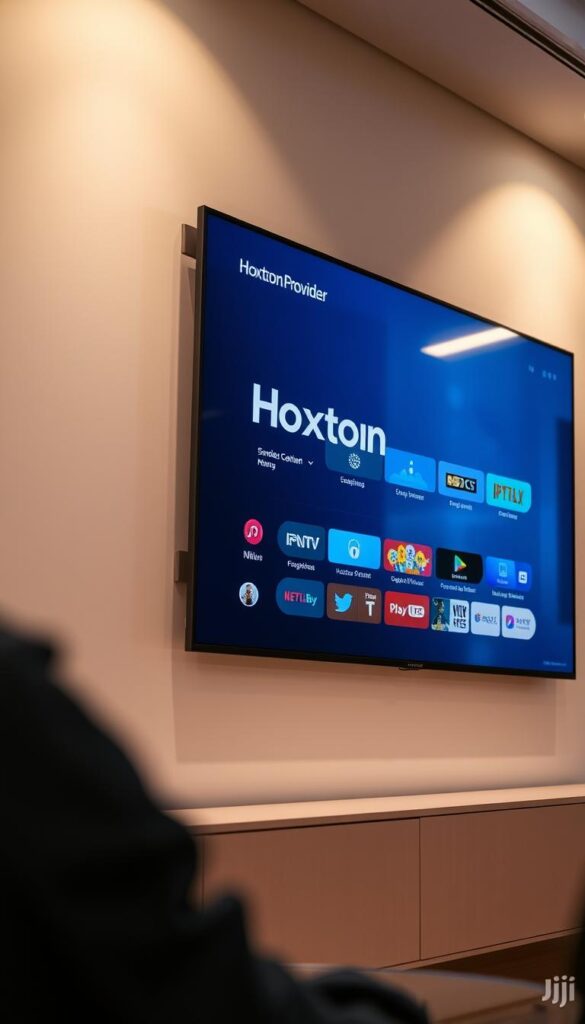 A sleek, modern IPTV streaming service interface displayed on a large, high-resolution display. The screen showcases the Hoxtoon Provider brand prominently, with a clean and intuitive user experience. The layout features crisp icons, clear menus, and a minimalist design that prioritizes content discovery and playback. Soft, indirect lighting creates a warm, inviting atmosphere, while the camera angle suggests a perspective from a user's point of view, immersed in the seamless IPTV experience. The overall mood is one of technological sophistication and user-centric design.
