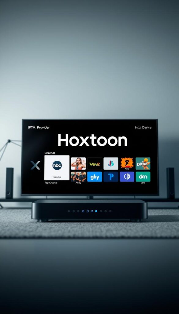 A sleek, modern IPTV subscription interface showcasing the Hoxtoon Provider brand. In the foreground, a stylized device display presents the Hoxtoon logo and an array of channel options. The middle ground features a minimalist, high-contrast design with clean typography and intuitive navigation controls. The background evokes a sense of technology and connectivity, with a subtle grid pattern and geometric shapes hinting at the multi-device compatibility of the Hoxtoon IPTV service. The overall tone is professional, elegant, and focused on the seamless user experience. Cinematic lighting and a shallow depth of field draw the viewer's attention to the key features.