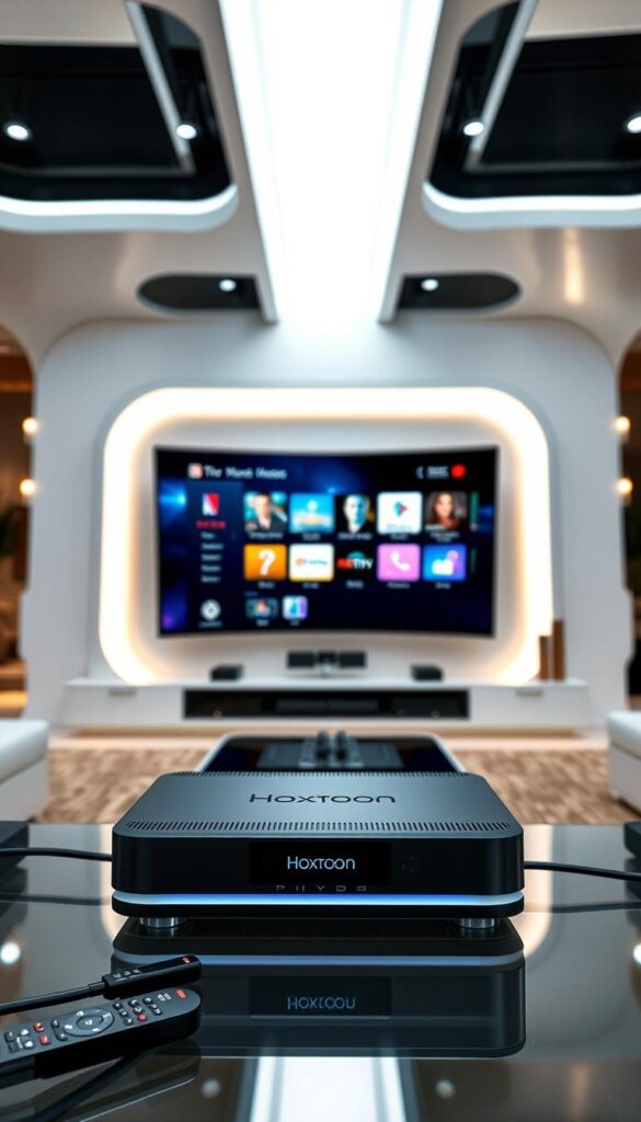A sleek, modern IPTV system with the Hoxtoon Provider brand prominently displayed. In the foreground, a high-tech set-top box with a minimalist design sits atop a glass or metal surface, surrounded by remote controls and connectivity cables. The middle ground features a large, curved smart TV displaying a vivid, high-definition IPTV interface, showcasing a diverse selection of channels and on-demand content. In the background, a clean, futuristic living room setting with sophisticated lighting and architectural elements creates an immersive, technology-driven ambiance.