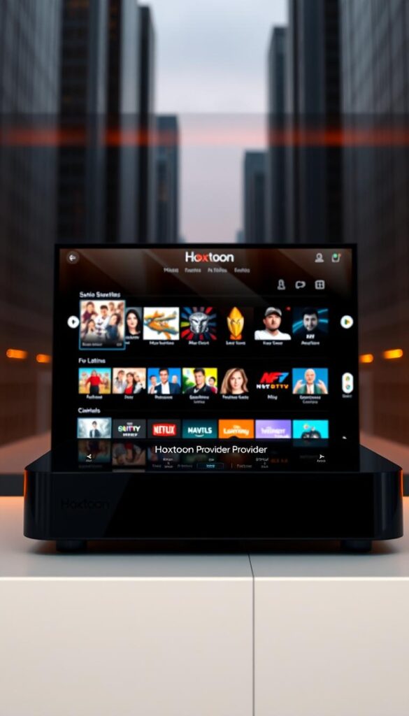 A sleek, modern Latino IPTV platform displayed on a glossy black device, with the Hoxtoon Provider logo prominently showcased. The interface features vibrant, high-definition channels and programming catered specifically to the Latino community in the USA. The device is situated against a backdrop of a minimalist, urban cityscape, conveying a sense of technological sophistication and connectivity. Warm, diffused lighting illuminates the scene, creating a inviting and premium atmosphere. The overall composition emphasizes the seamless integration of Hoxtoon's IPTV services within the daily lives of Latino households in the United States.