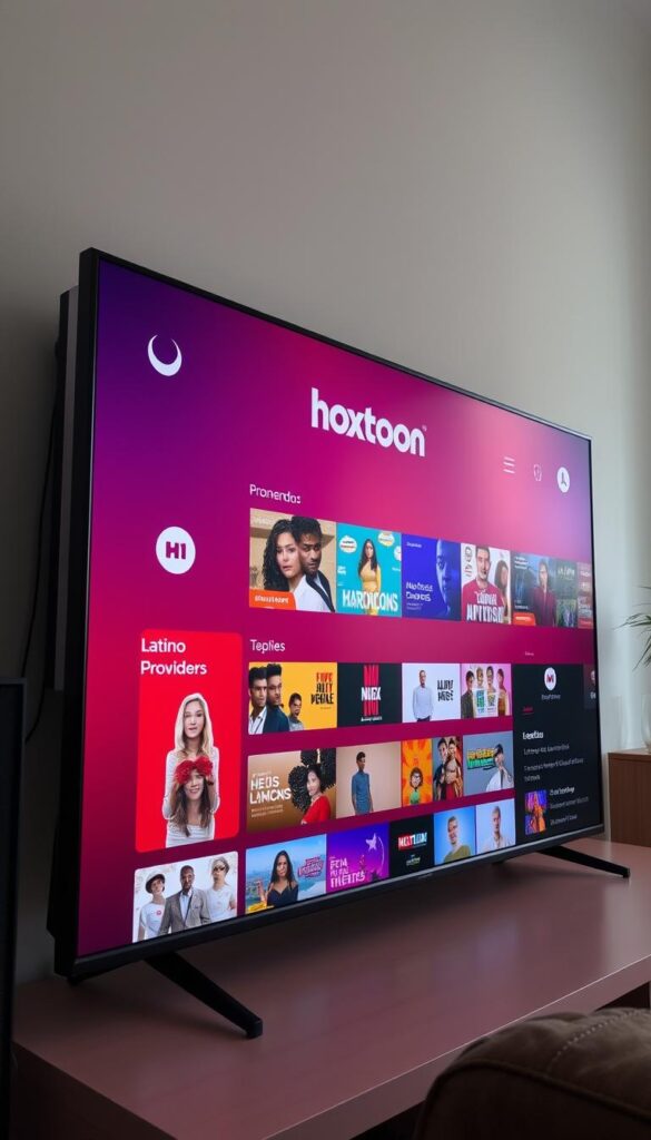 A sleek, modern Latino streaming service interface with the Hoxtoon Provider brand prominently displayed. The screen shows diverse programming options in Spanish and English, with vibrant colors and clean typography. The layout is intuitive and user-friendly, with a sidebar menu and recommendation sections. The overall atmosphere conveys a sense of entertainment, community, and cultural connection. The scene is lit by soft, diffused lighting, creating a warm and inviting ambiance. The camera angle is slightly elevated, providing a comprehensive view of the interface.