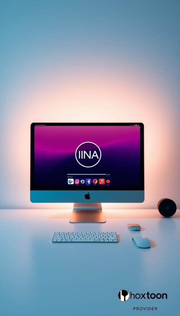 A sleek, modern Mac desktop with a large, high-resolution display showcasing the IINA media player interface. In the center, the IINA logo is prominently displayed, surrounded by a minimalist, elegant UI design. The background features a subtle gradient, creating a sense of depth and sophistication. Soft, indirect lighting illuminates the scene, casting a warm, inviting glow. The overall atmosphere conveys a sense of simplicity, functionality, and a seamless Mac-native experience. In the bottom right corner, the Hoxtoon Provider logo is discreetly displayed.
